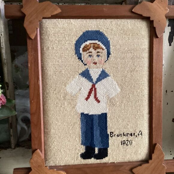 Vintage Needlepoint Sailor Boy Brockner and Girl Fay Flapper Custom Oak Frames - Picture 2 of 9